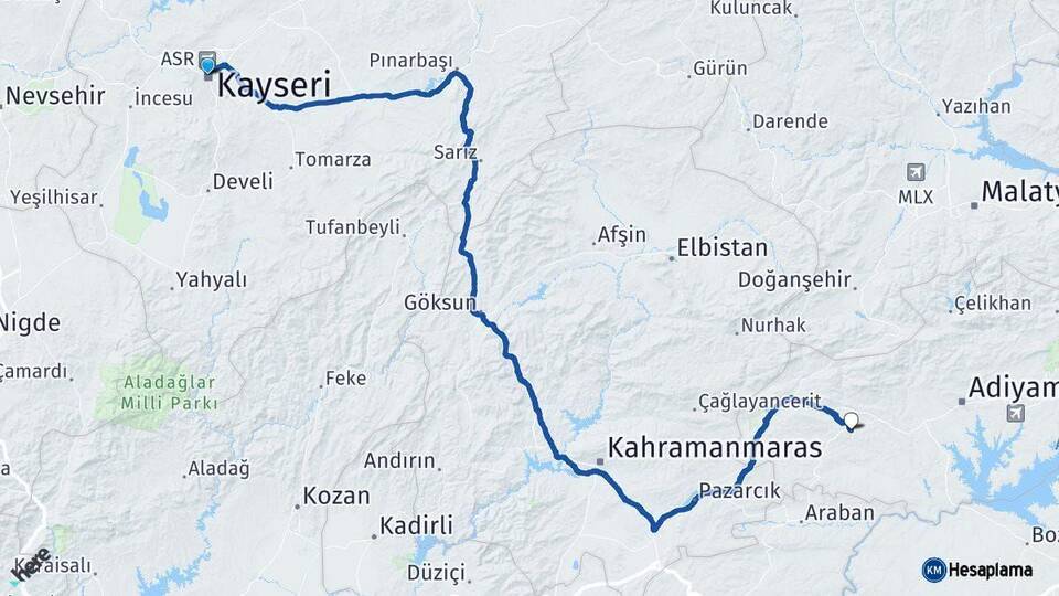 Kayseri Besni Adıyaman Arası Kaç Km - Yol Haritası