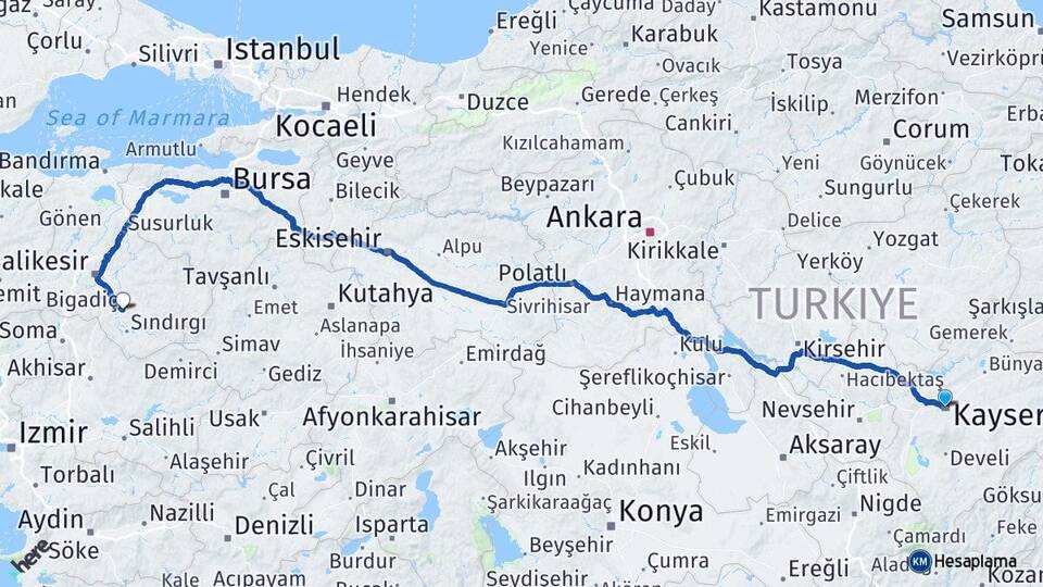 Kayseri Bigadiç Balıkesir Arası Kaç Km - Yol Haritası