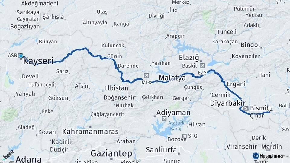 Kayseri Bismil Diyarbakır Arası Kaç Km - Yol Haritası
