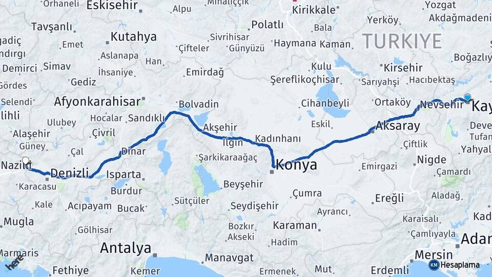 Kayseri Buharkent Aydın Arası Kaç Km - Yol Haritası