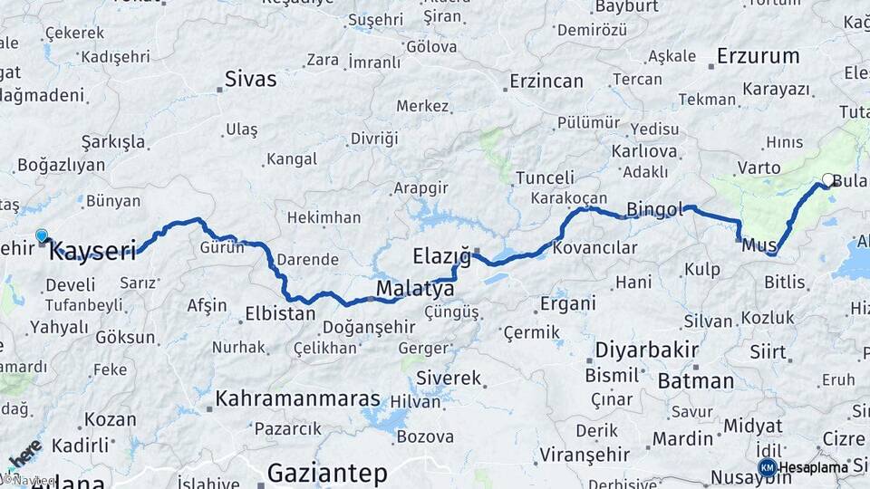 Kayseri Bulanık Muş Arası Kaç Km - Yol Haritası
