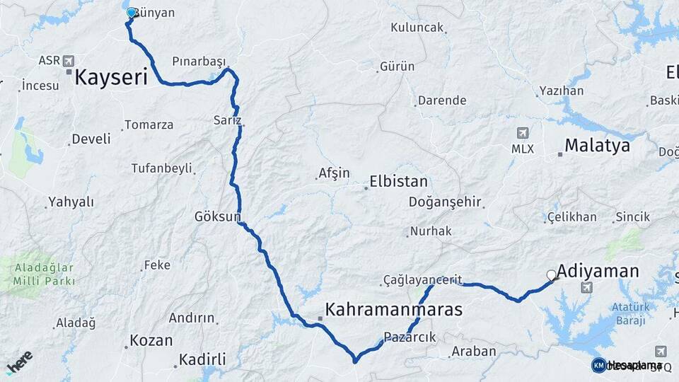 Kayseri Bünyan Adıyaman Arası Kaç Km - Yol Haritası