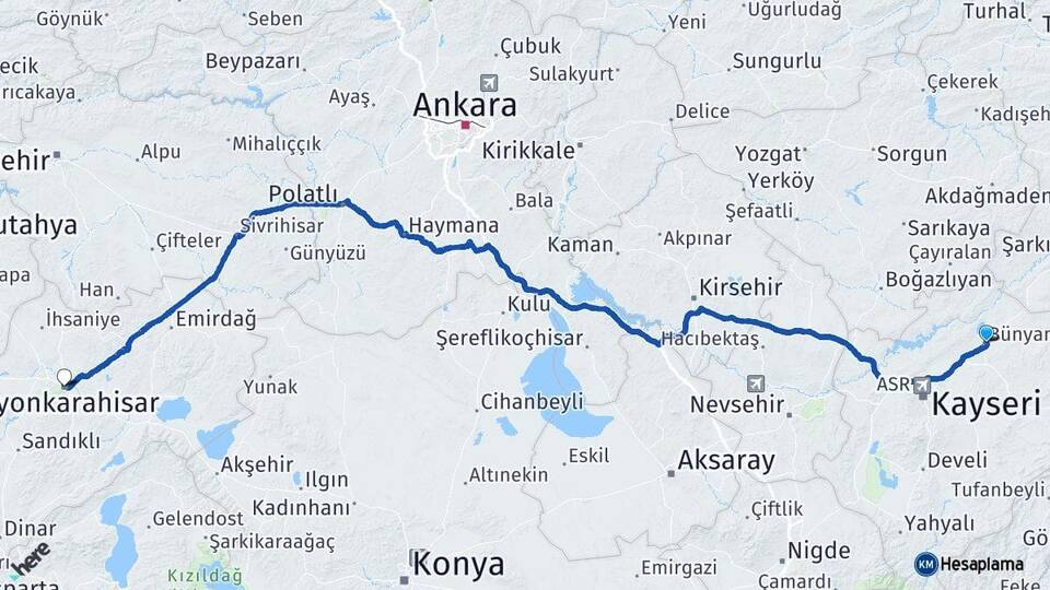 Kayseri Bünyan Afyonkarahisar Arası Kaç Km - Yol Haritası