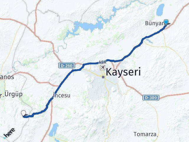 Kayseri Bünyan Akçaören Ürgüp Nevşehir Arası Kaç Km - Yol Haritası