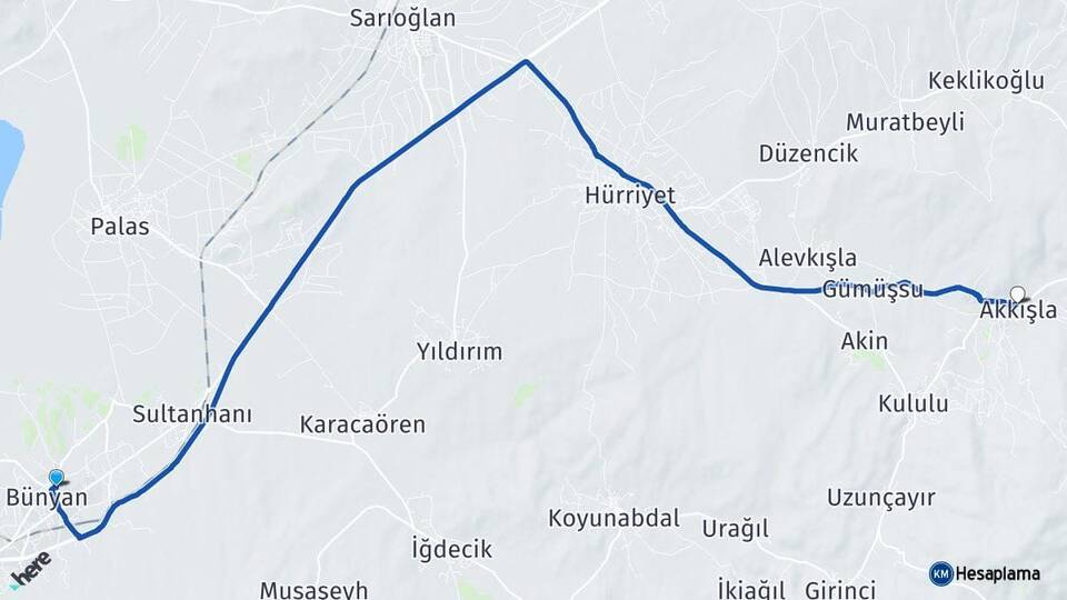 Kayseri Bünyan Akkışla Arası Kaç Km - Yol Haritası