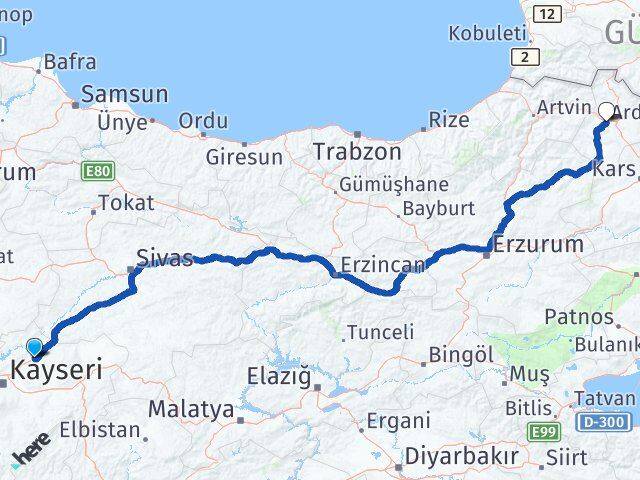 Kayseri Bünyan Ardahan Arası Kaç Km - Yol Haritası