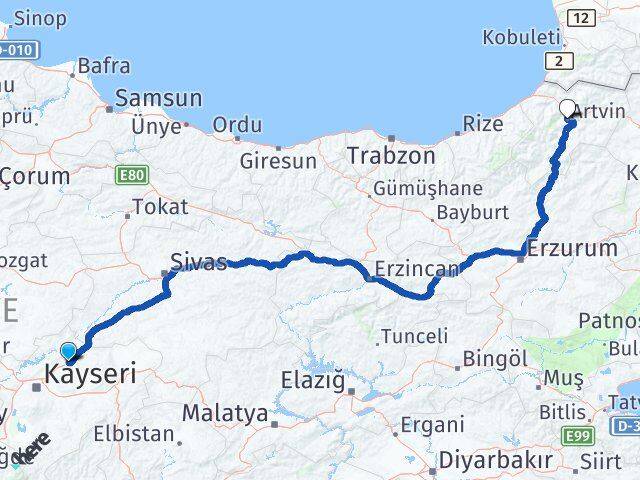 Kayseri Bünyan Artvin Arası Kaç Km - Yol Haritası