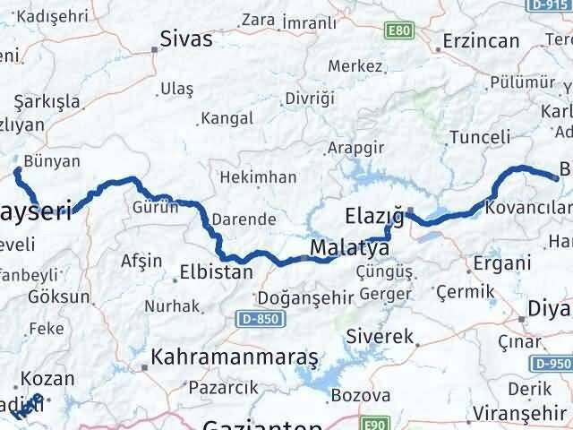 Kayseri Bünyan Bingöl Arası Kaç Km - Yol Haritası