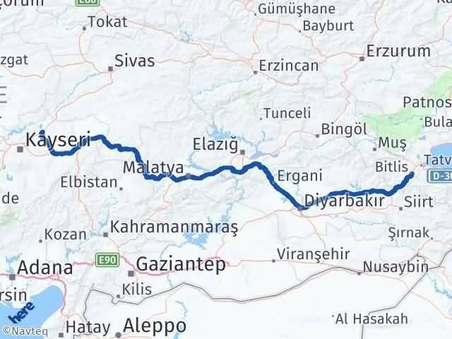 Kayseri Bünyan Bitlis Arası Kaç Km - Yol Haritası
