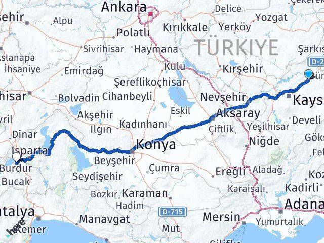 Kayseri Bünyan Burdur Arası Kaç Km - Yol Haritası