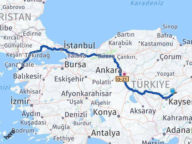 Kayseri Bünyan Çanakkale Arası Kaç Km - Yol Haritası