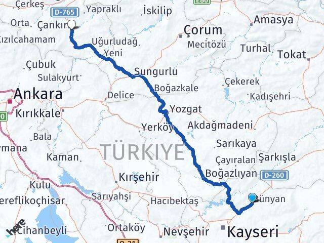Kayseri Bünyan Çankırı Arası Kaç Km - Yol Haritası