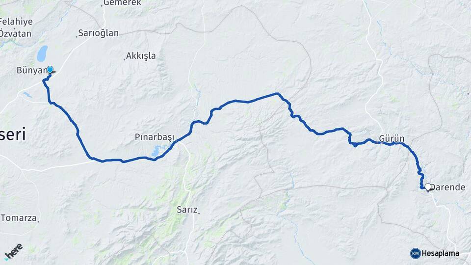 Kayseri Bünyan Darende Malatya Arası Kaç Km - Yol Haritası