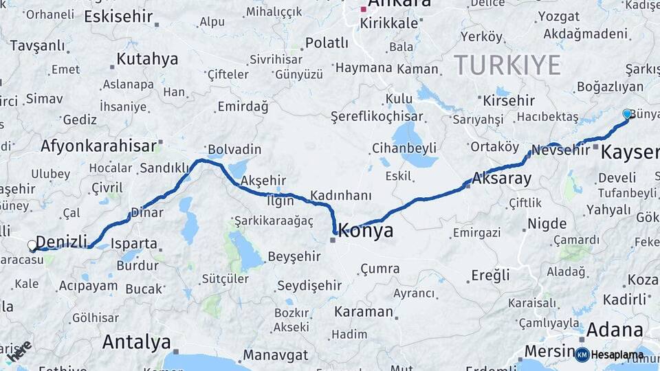 Kayseri Bünyan Denizli Arası Kaç Km - Yol Haritası