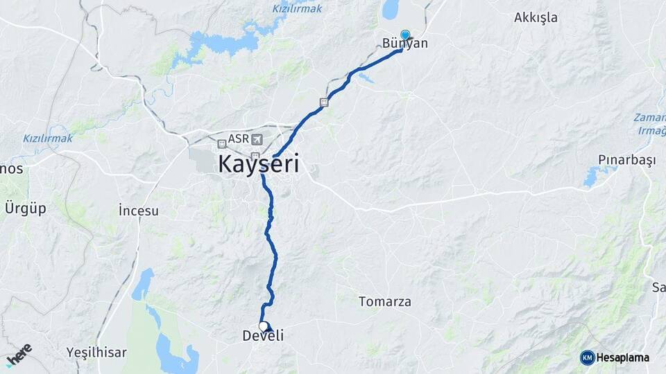 Kayseri Bünyan Develi Arası Kaç Km - Yol Haritası