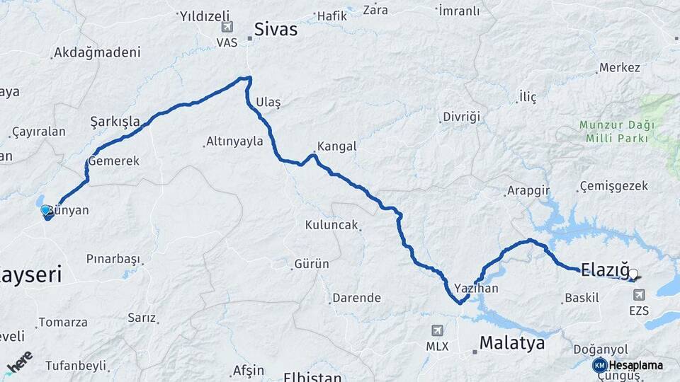 Kayseri Bünyan Elazığ Arası Kaç Km - Yol Haritası
