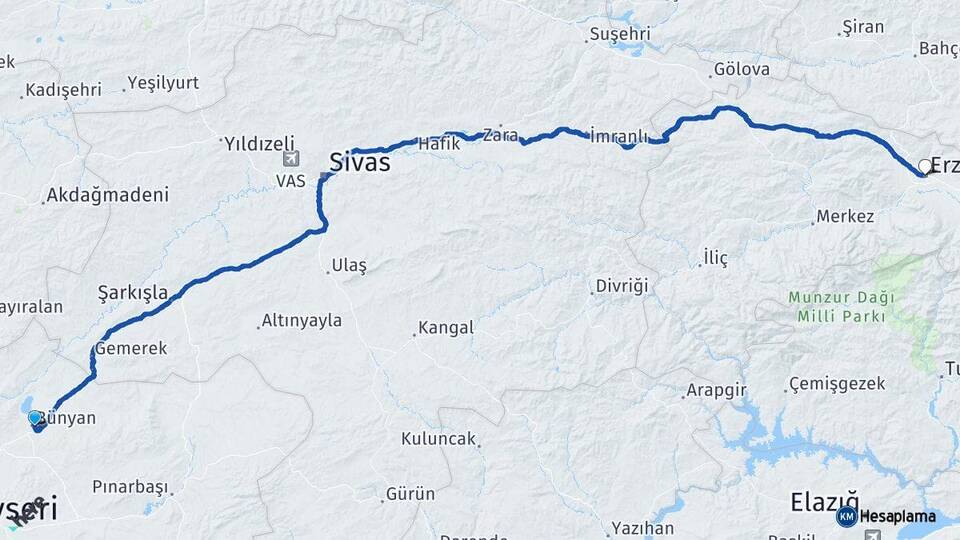 Kayseri Bünyan Erzincan Arası Kaç Km - Yol Haritası
