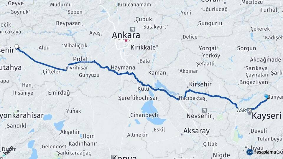 Kayseri Bünyan Eskişehir Arası Kaç Km - Yol Haritası