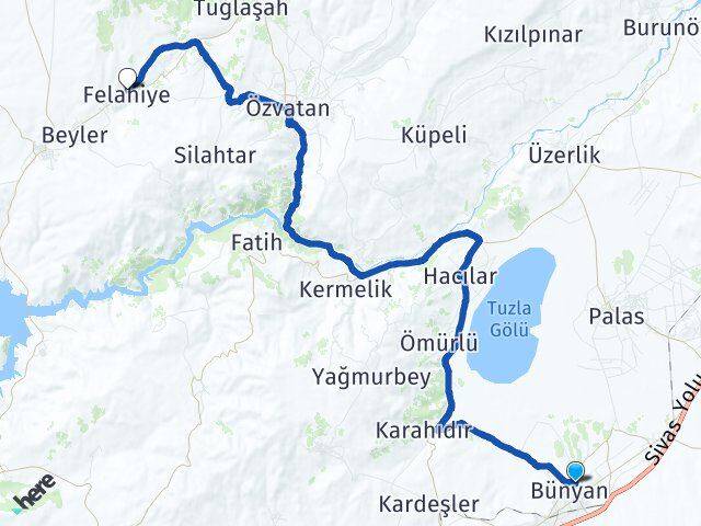 Kayseri Bünyan Felahiye Arası Kaç Km - Yol Haritası