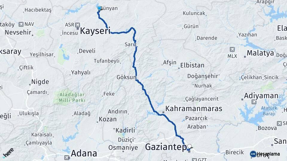 Kayseri Bünyan Gaziantep Arası Kaç Km - Yol Haritası