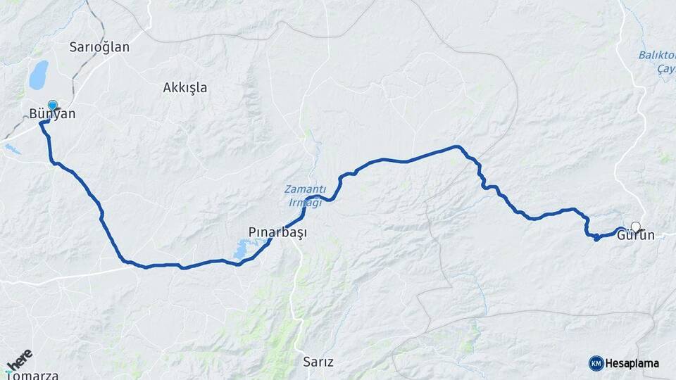 Kayseri Bünyan Gürün Sivas Arası Kaç Km - Yol Haritası