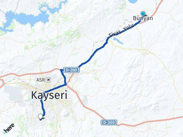 Kayseri Bünyan Hacılar Arası Kaç Km - Yol Haritası