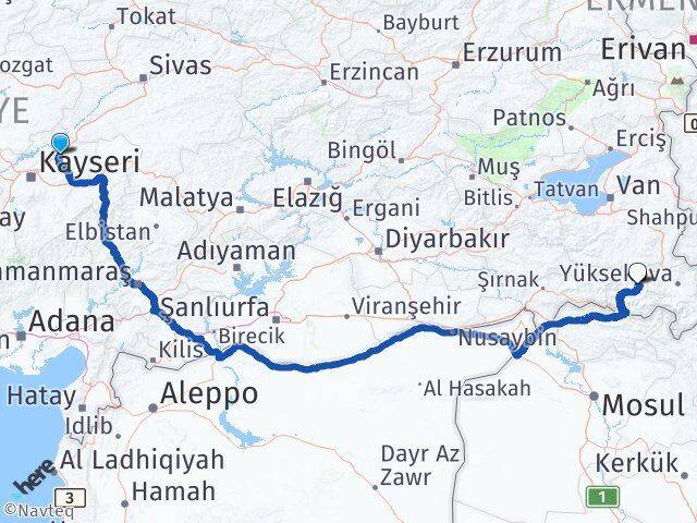 Kayseri Bünyan Hakkari Arası Kaç Km - Yol Haritası