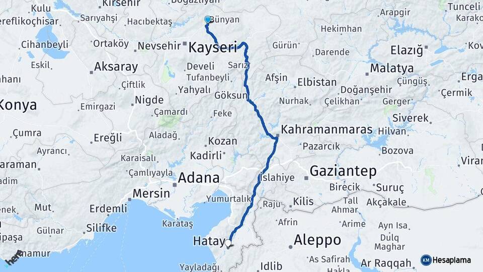 Kayseri Bünyan Hatay Arası Kaç Km - Yol Haritası