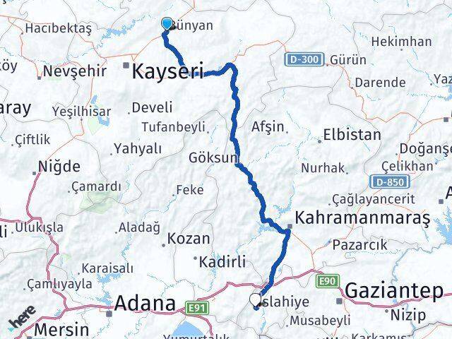 Kayseri Bünyan İslahiye Gaziantep Arası Kaç Km - Yol Haritası