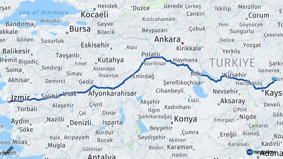 Kayseri Bünyan İzmir Arası Kaç Km - Yol Haritası