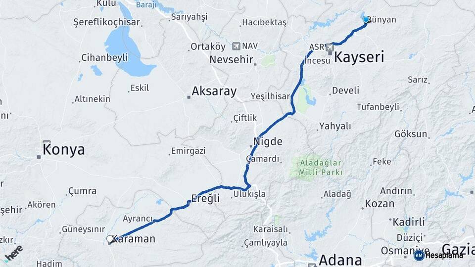 Kayseri Bünyan Karaman Arası Kaç Km - Yol Haritası