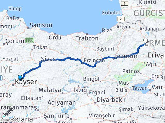 Kayseri Bünyan Kars Arası Kaç Km - Yol Haritası