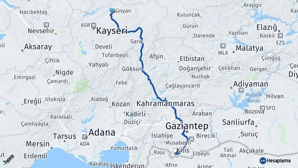 Kayseri Bünyan Kilis Arası Kaç Km - Yol Haritası