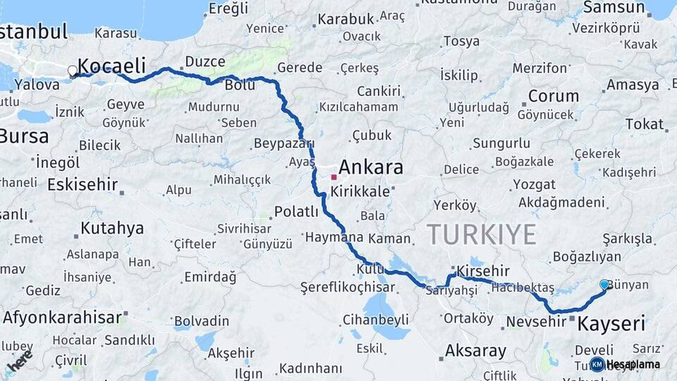 Kayseri Bünyan Kocaeli Arası Kaç Km - Yol Haritası