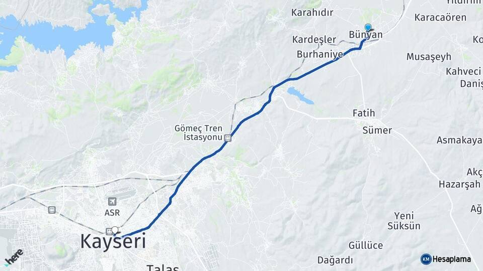 Kayseri Bünyan Kocasinan Arası Kaç Km - Yol Haritası