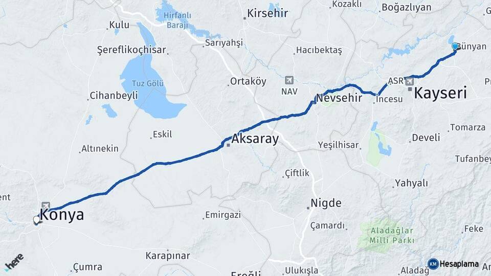 Kayseri Bünyan Konya Arası Kaç Km - Yol Haritası