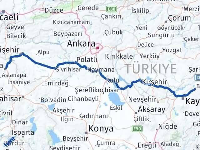 Kayseri Bünyan Kütahya Arası Kaç Km - Yol Haritası