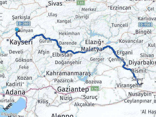 Kayseri Bünyan Mardin Arası Kaç Km - Yol Haritası