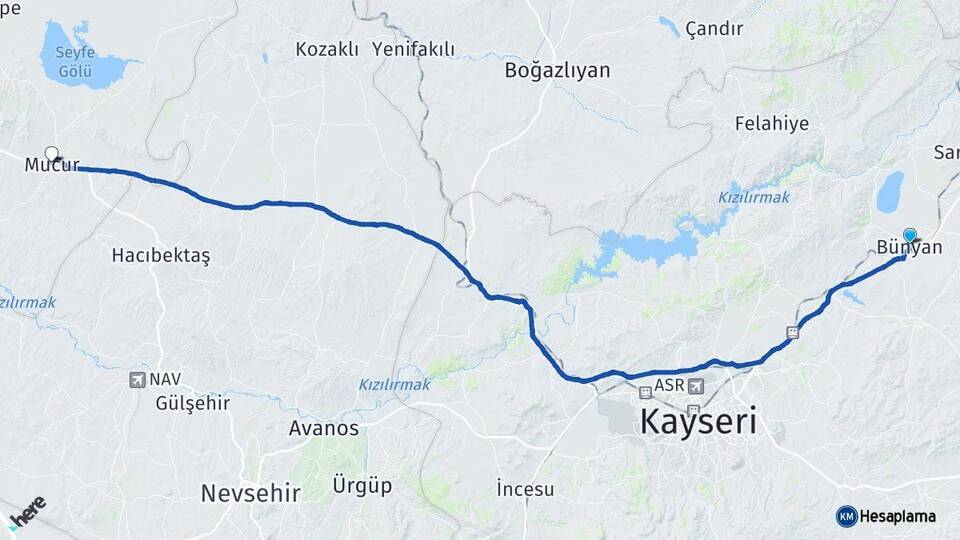 Kayseri Bünyan Mucur Kırşehir Arası Kaç Km - Yol Haritası