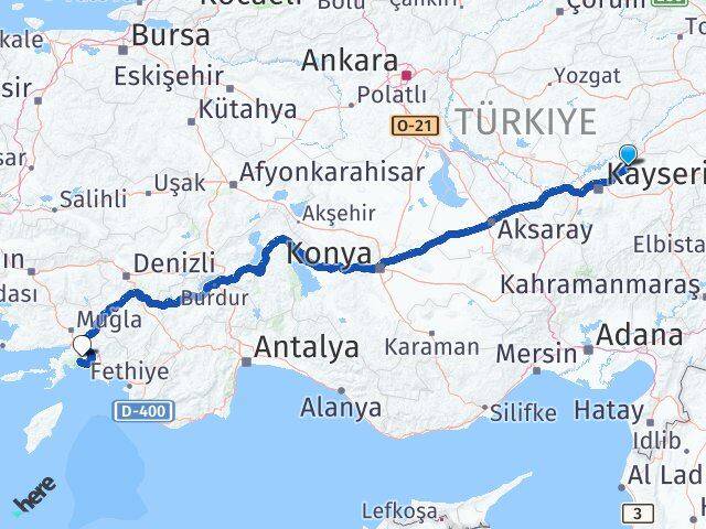 Kayseri Bünyan Muğla Arası Kaç Km - Yol Haritası