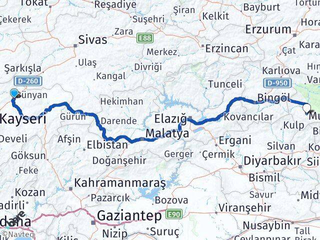 Kayseri Bünyan Muş Arası Kaç Km - Yol Haritası