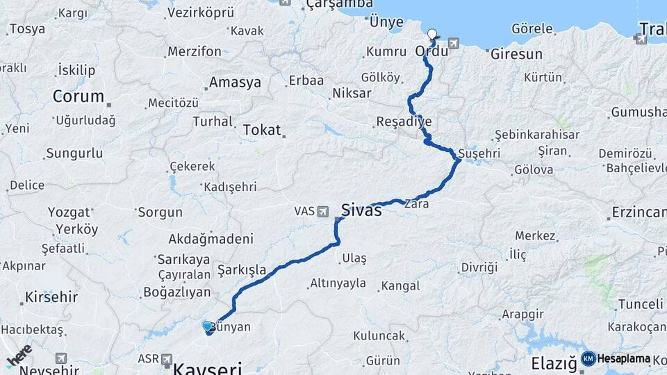 Kayseri Bünyan Ordu Arası Kaç Km - Yol Haritası