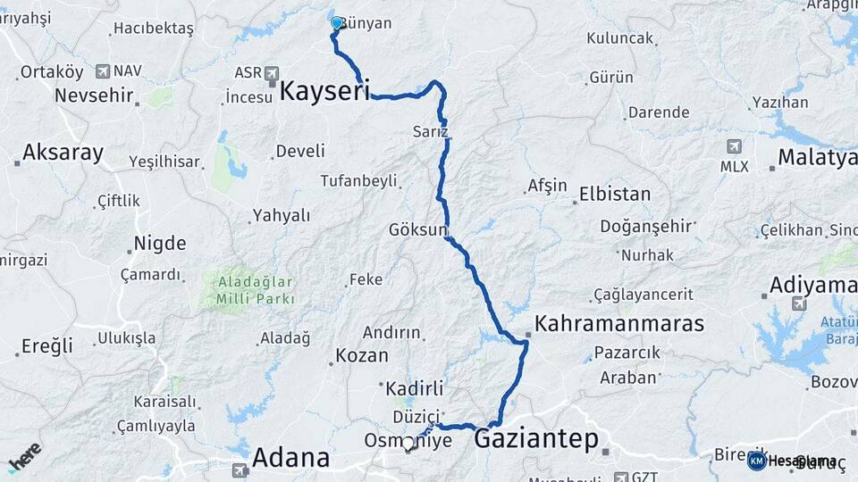 Kayseri Bünyan Osmaniye Arası Kaç Km - Yol Haritası