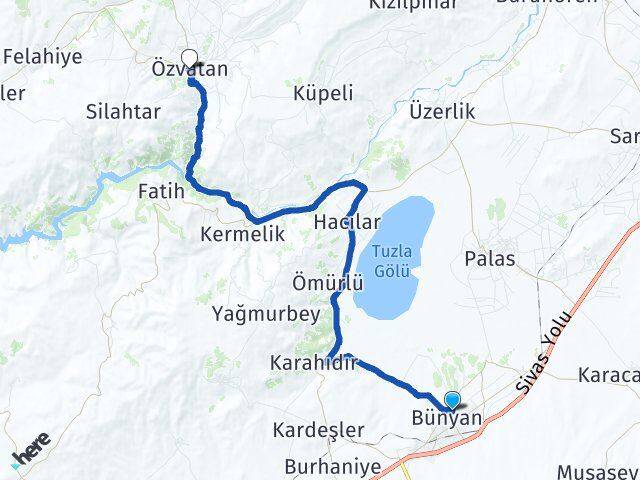 Kayseri Bünyan Özvatan Arası Kaç Km - Yol Haritası