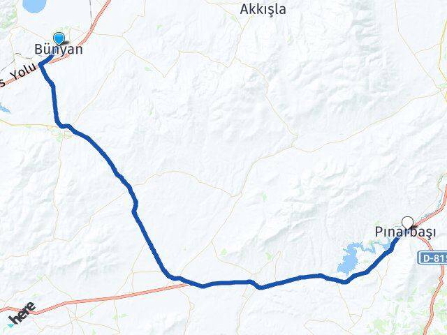 Kayseri Bünyan Pınarbaşı Arası Kaç Km - Yol Haritası