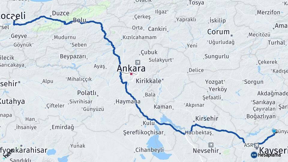 Kayseri Bünyan Sakarya Arası Kaç Km - Yol Haritası