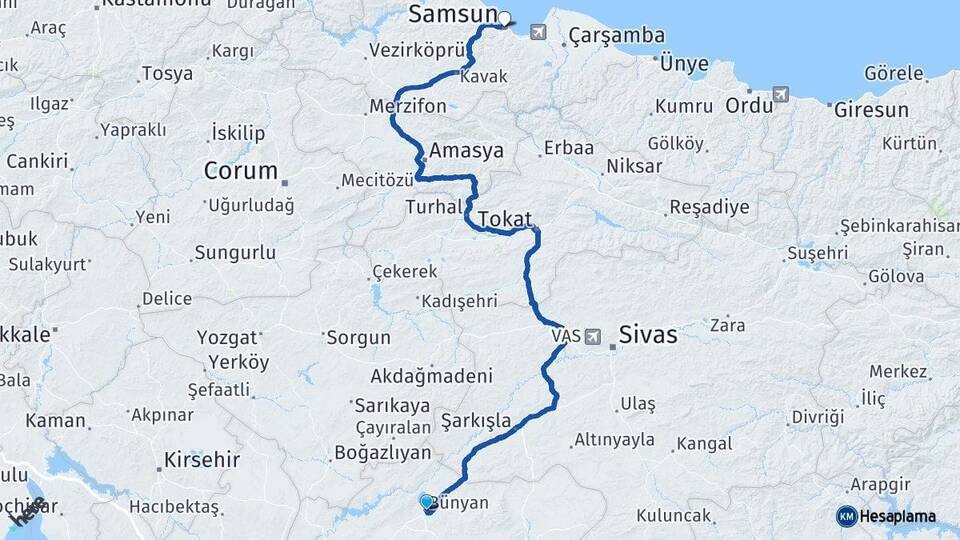 Kayseri Bünyan Samsun Arası Kaç Km - Yol Haritası