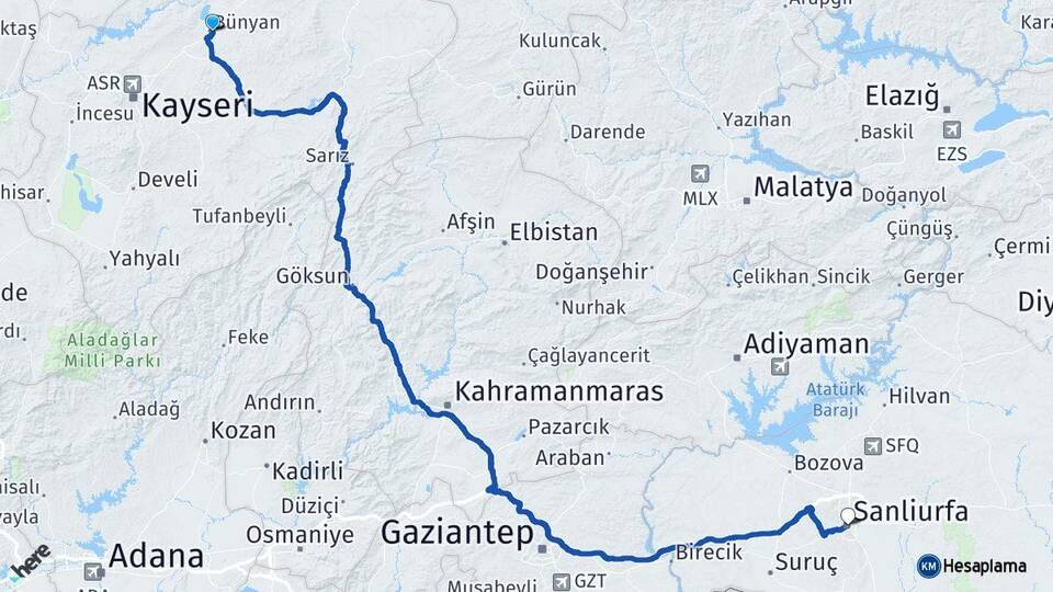 Kayseri Bünyan Şanlıurfa Arası Kaç Km - Yol Haritası