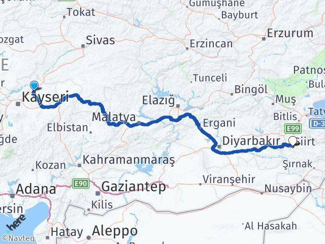 Kayseri Bünyan Siirt Arası Kaç Km - Yol Haritası