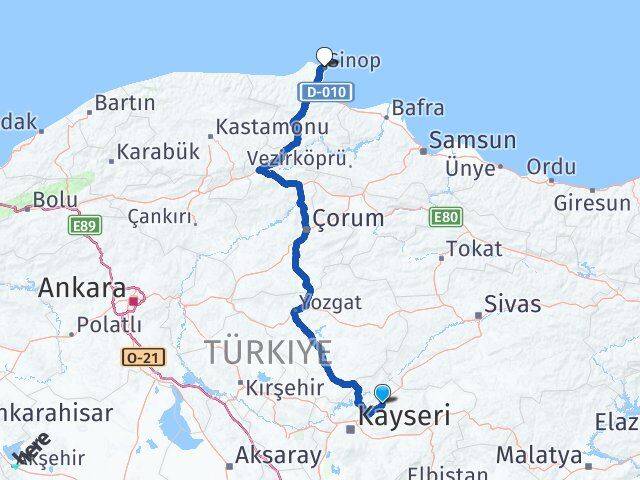 Kayseri Bünyan Sinop Arası Kaç Km - Yol Haritası